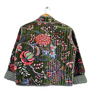 Blazer acolchado de terciopelo con estampado floral para mujer, cuello mandarín, manga larga, ropa de abrigo de otoño, regalo para ella - Product Image 4