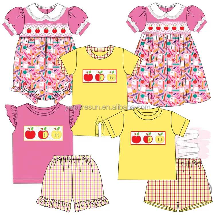 New arrival smocked apple applique siblings set back to school children wear wholesale girls clothing