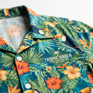 Camisa de Boliche con Cuello Cubano Personalizada, Estampado Tropical, Estilo Vegas Resort, Manga Corta, Abotonada, Retro, con Logotipo Personalizado OEM - Product Image 1