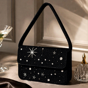 Handmade Black Saddle Shape <b>Handbag</b> Star Moon Embroidery Glass Beads Polyester Washable <b>Wedding</b> Party Application - Product Image 4