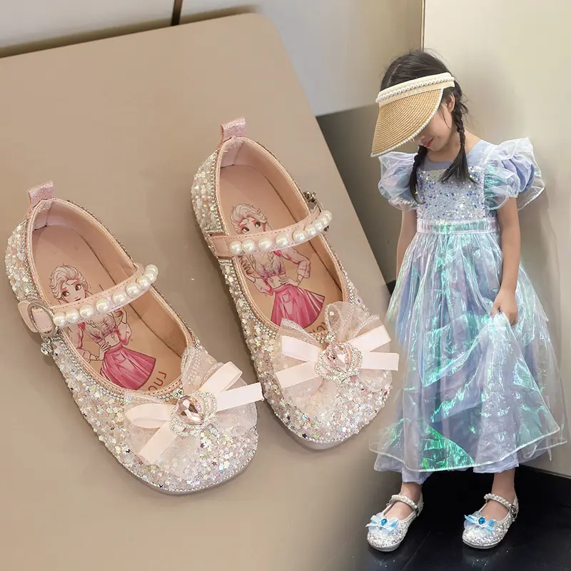 Girls Summer Butterfly Designs Soft Bottom Pu Leather Kids Shoes Girls Shiny Pearl Bow Princess Shoes For Girls