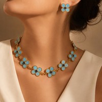 Ensemble Collier, Boucles d'Oreilles et Bracelet Fleur Opale Plaqué Or Style Médiéval Vintage en Alliage 80G 20G 40G