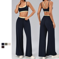Ensemble de yoga 2 pièces pour femme avec logo personnalisé, finition à pois, soutien-gorge à double bretelle et pantalon large pour l'entraînement et la gym