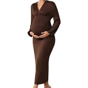 ชุดเดรสคลุมท้องแขนยาวคอวีลำลองสำหรับสตรีมีครรภ์เซ็กซี่สบาย - Product Image 3