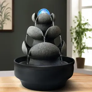 Vendita calda 3-Tier Zen Rock Desktop fontana galleggiante con LED sfera di cristallo, resina nera cascata arredamento per l'ufficio e la casa - Product Image 3