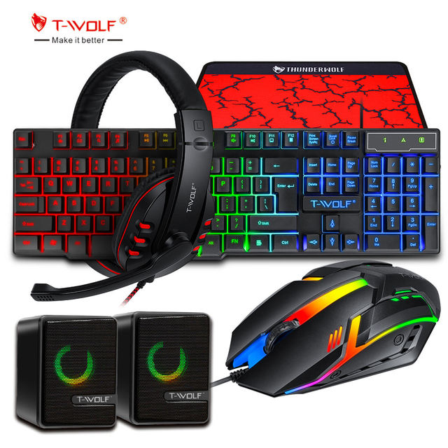 T-WOLF TF850 5-in-1 Wired Gaming Combo Set RGB Backlit 104 Keys Keyboard Mouse Headset Speaker Mouse Pad for PC