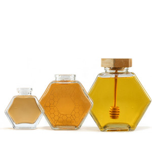 100ML 220ML 380ML Empty Hexagon Honey Storage Glass Honey Jam Jar with Wooden Stopper and Bamboo Lid