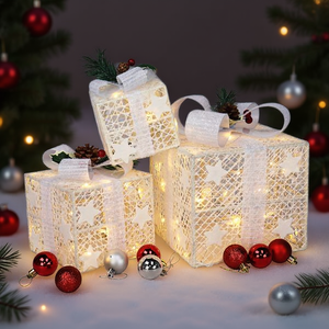 Lot de 3 boîtes cadeaux décoratives carrées à LED, lumière blanc chaud, alimentées par piles, lumières décoratives de Noël pour jardin extérieur - Product Image 2