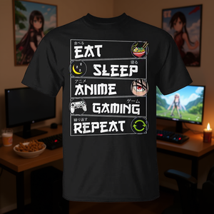 Eat Sleep Anime Gaming Repeat Kawaii Otaku Gamer T-Shirt noir chemise décontractée pour hommes - Product Image 3