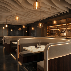 Projet de design d'intérieur de bar de restaurant moderne et luxueux sur mesure |   Comptoir de bar en marbre avec plafond ondulé, sièges en bois de noyer foncé - Product Image 5