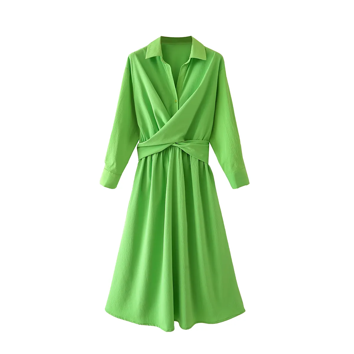 Casual Dresses New New Arrival Green Color Turn Down Collar Long Sleeve Women Casual Fashion Long Shirt Dress