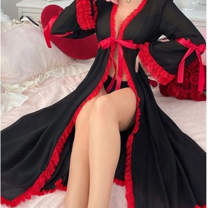 Elegante Bata de Malla Transparente 2026 para Mujer, Lencería Sexy de <span class=keywords><strong>Noche</strong></span> con Manga Larga y Ribete de Encaje, con Tanga a Juego para Boudoir - Product Image 1