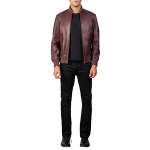 Men's Genuine Leather Bomber Jacket <b>Mandarin</b> <b>Collar</b> Zipper Closure Solid Color Casual Winter Wear Heated Logo Front - Product Image 5