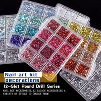 Accesorios Populares para Uñas en 3D, 12 Compartimentos/Caja, Diamantes de Resina con Efecto Agua, Color AB, Base Plana, Productos para Uñas con Forma de Diamante