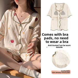 Pijama de verano con patrón floral para mujer, conjunto de ropa de casa dulce con almohadilla de <span class=keywords><strong>pecho</strong></span> de manga corta - Product Image 4