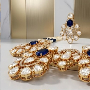 Juego de Collar y Aretes de Plata 925 con Piedras Azules y Perlas Blancas Kundan para Mujer, Joyería Nupcial India Tradicional - Product Image 3