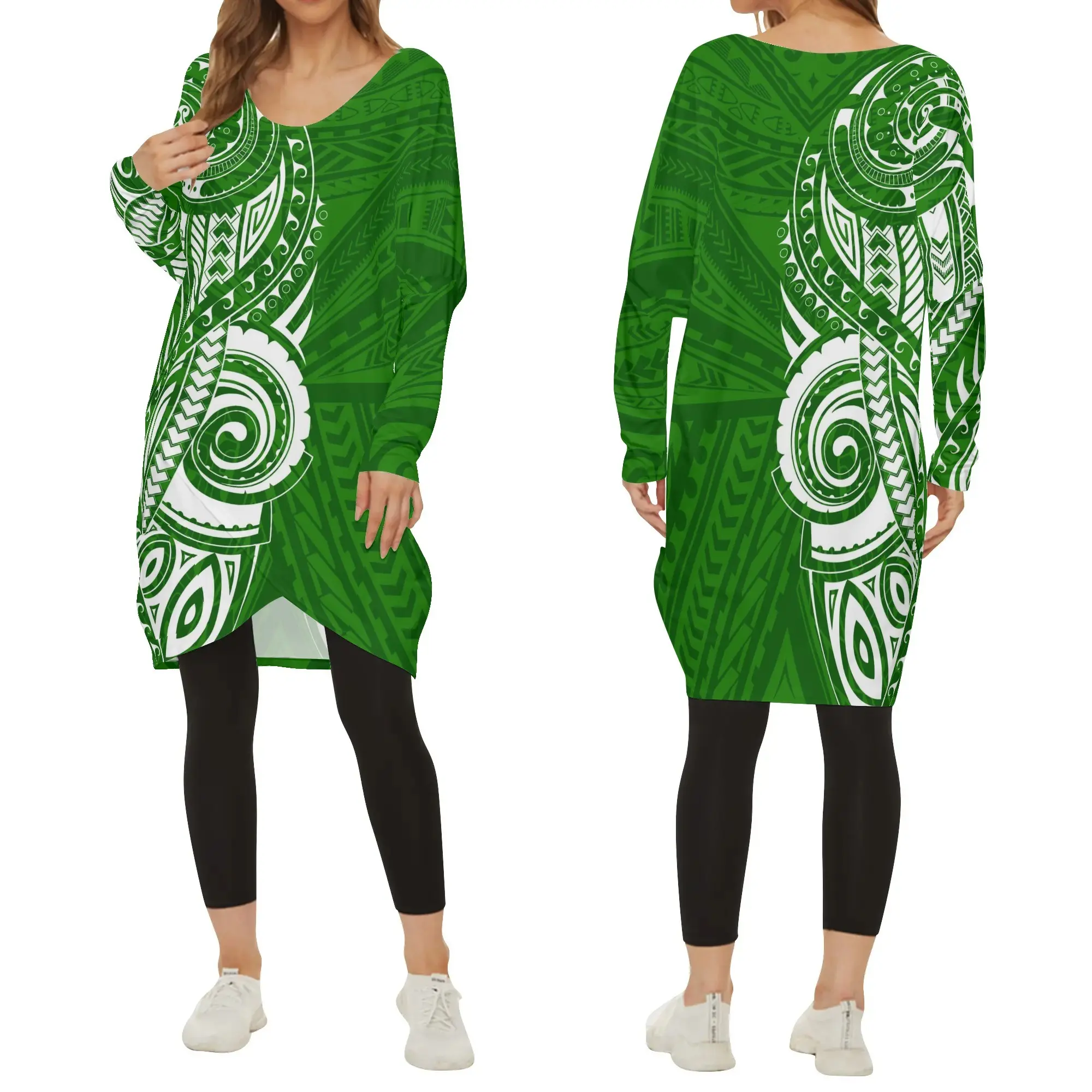 2022 Autumn Polynesian Samoan Tribal Loose Knee Length Casual Dress Cheap Price Green V Neck Bat Long Sleeve Dress With Pocket
