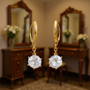 Daline Orecchini pendenti in oro con cristalli rotondi con montatura a griffe, gioielli di moda da donna, stile classico E1216 - Product Image 2