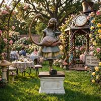 Sculpture en bronze grandeur nature Alice tenant un flamant rose, style jardin féerique, statue en bronze