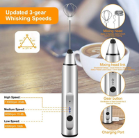 Mixeur à main rechargeable, 3 vitesses réglables, batteur à œufs, mélangeur électrique, mousseur à lait et café, fouet électrique, argent