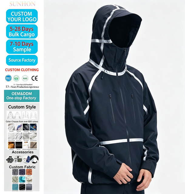 Customized Techwear Men's Black Hooded Polyester/Nylon Hiking Jacket Breathable Waterproof Zipper Eco Friendly Windproof Autumn