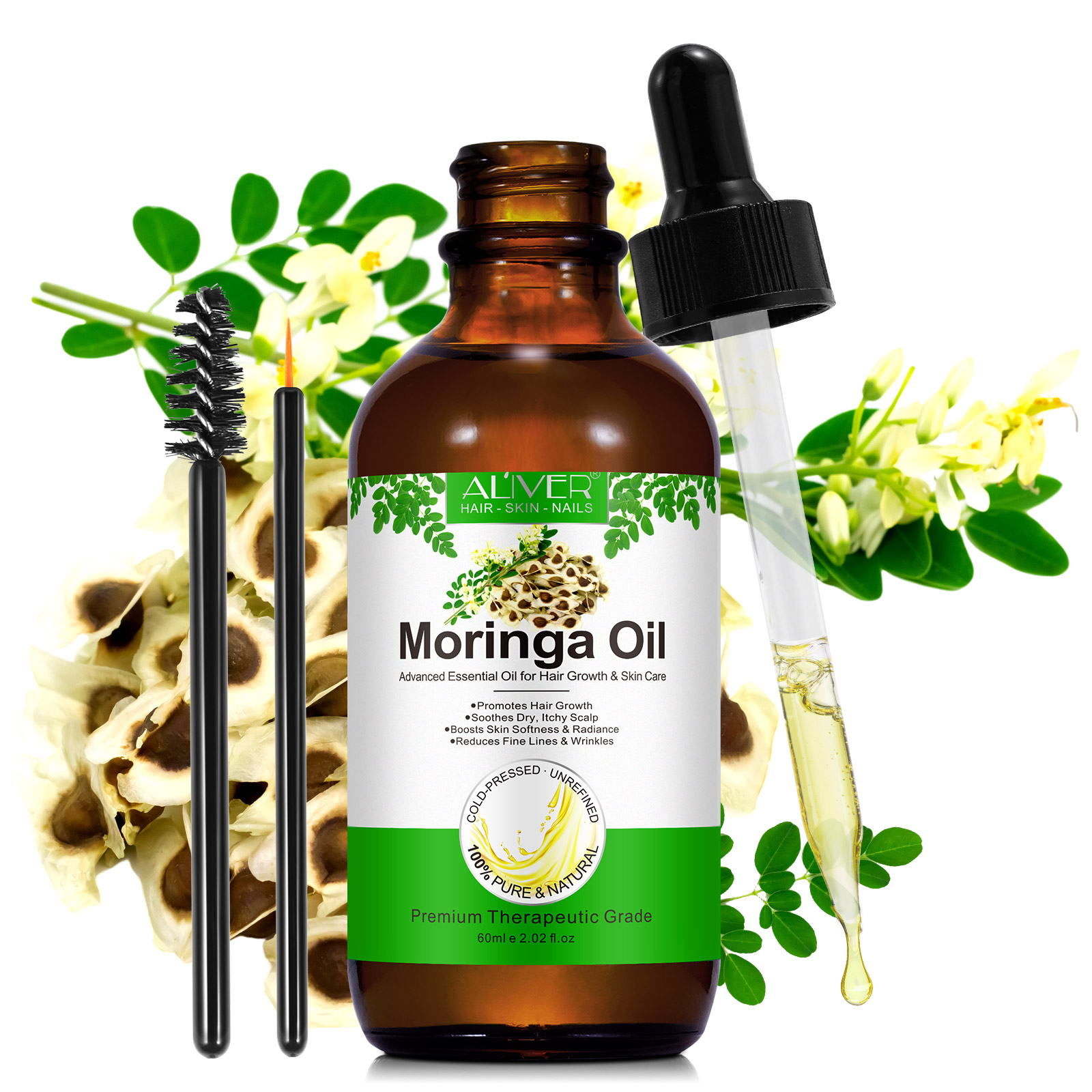 Масляные капли из семян ALIVER Premium Moringa, оптовая цена, 100% натуральное органическое масло холодного отжима для ухода за волосами и телом