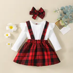 2107101 Baby Girl Boutique Tops With Suspender Skirt 2pcs Outfit Toddler Girls Valentine's Day Plaid Clothing Set