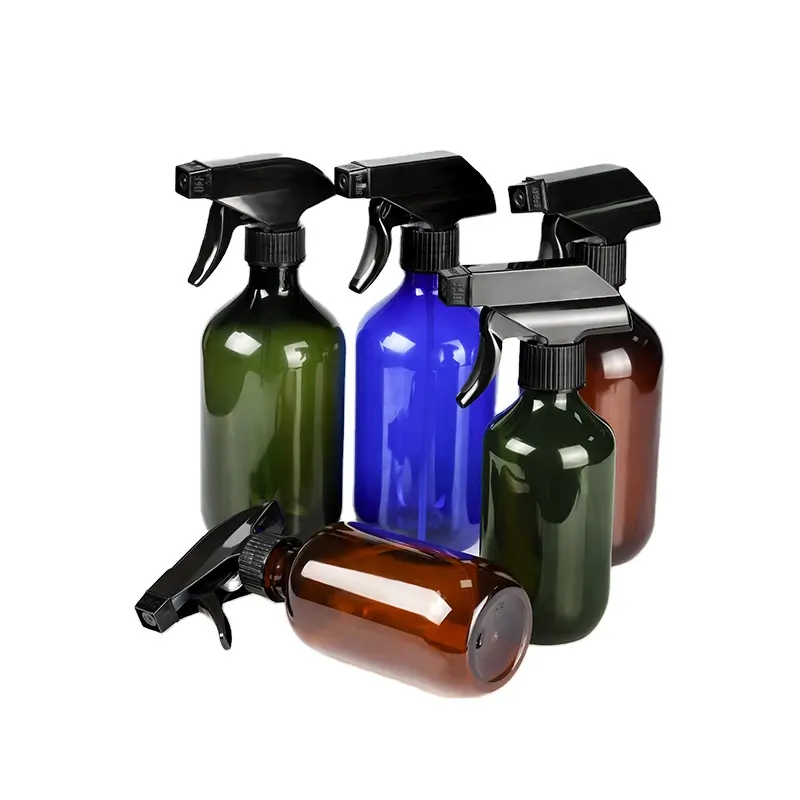 Boş doldurulabilir sıvı kabı 300ml 500ml Amber yeşil mavi PET plastik sprey şişeleri siyah tetikli püskürtücü