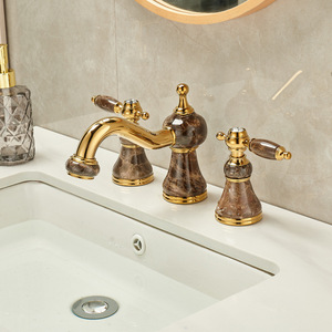 <span class=keywords><strong>Robinet</strong></span> de lavabo de salle de bain en laiton doré rose européen avec veinures de jade jaune-vert, trois trous, trou moyen de huit pouces - Product Image 3