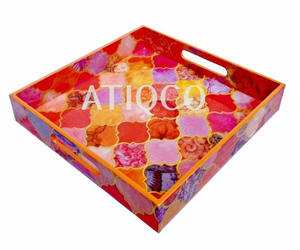 Plateau en bois le plus vendu Plateau en MDF imprimé de fleurs laquées multicolores Plateau à thé de service attrayant le plus récent et unique - Product Image 5