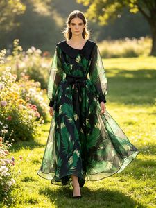 Abito Lungo Elegante da Donna Nero con Stampa Foglie Verdi, Colletto <span class=keywords><strong>Peter</strong></span> Pan, Maniche Lunghe, Cintura con Fiocco, Vestito Fluido per Vacanze e Feste - Product Image 1