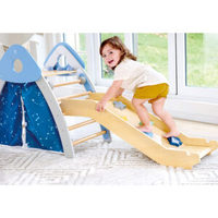 Ensemble de jeu d'escalade et de glisse pour tout-petits en bois 4-en-1 avec tente à motif étoile, aire de jeux intérieure unisexe et utilisation à domicile