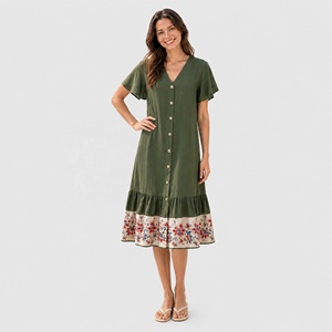 Vestido verde bosque de mezcla de lino para mujer, cuello en V, con botones, manga con volantes, estampado, dobladillo, midi, largo - Product Image 2