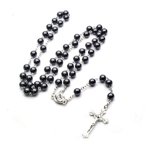 Kalung manik-manik batu empedu hitam kalung liontin salib antik kalung rosario religius grosir