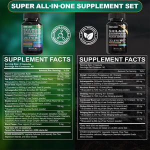 Juego de Shilajit de musgo de mar de 90 cápsulas, 7000mg, algas, 4000mg, aceite de semilla negra, 2000mg, Ashwagandha, 9000mg, jengibre, Shilajit, vitamina C - Product Image 2