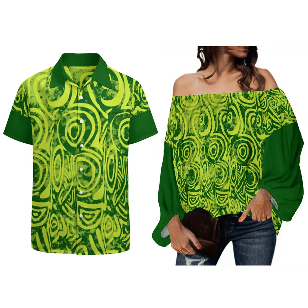 Melanesia Tribal Design Off-The-Shoulder Blouses Polynesian Tribe Upscale Couple Suit Ladies Long Sleeve Top With Men's shirt