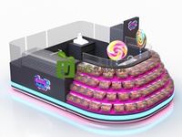 Kiosque à bonbons personnalisé pour centre commercial, comptoir de présentation de confiseries incurvé à plusieurs niveaux, éclairé, avec logo rétroéclairé et lumière néon