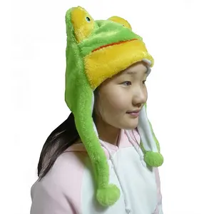 Hot sale cute plush frog head cap kids children animal winter warm hat faux fur hats with long ear straps custom wholesale