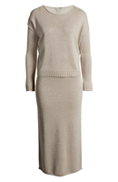 Ensemble deux pièces en tricot doux pour femme, personnalisé OEM, beige clair, pull à col rond et jupe midi