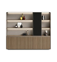 Buffet en panneaux de particules ISO E0 avec placage mélaminé Schattdecor, bordure PVC, éclairage LED, étagère ouverte, quatre portes, gris noyer