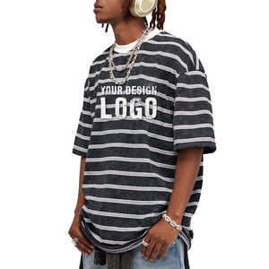 T-shirt pour homme à col rond rayé, mode américaine d'été, streetwear hip-hop, vintage délavé, grande taille - Product Image 2