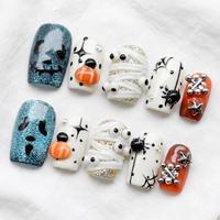 Faux ongles carrés en acrylique personnalisés pour Halloween avec colle, décorations 3D citrouille, fantôme, chat noir, araignée, OEM ODM