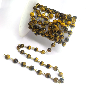 Cadena de Rosario Hecha a Mano con Cuentas Redondas Lisas de Ojo de Tigre Natural Envueltas en Alambre de Latón - Product Image 2