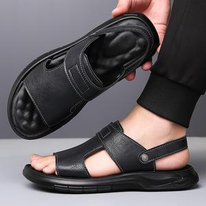 Sandalias Planas de Cuero Genuino para Hombre, Punta Abierta, Transpirables, Casuales, de Verano, Suela de Goma, Color Sólido - Product Image 2