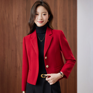 Red Women's Blazer Solid Color Polyester Worsted Anti-Wrinkle Spring Autumn Short Fit - Product Image 3