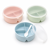 Boîte à lunch ronde en plastique PP de 890 ml, vente en gros OEM, avec 3 compartiments, couvercle transparent et cuillère, pour l'école, le bureau, les pique-niques