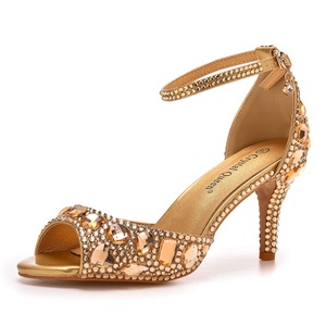 S4825F Chaussures à talon aiguille 7 cm pour femme, à bout ouvert, à boucle, grande taille, bout rond, avec strass dorés, pour mariage - Product Image 5