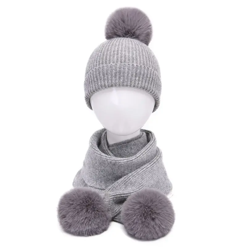 Wholesale Baby Hat Sets Children Real Big Fur Pom Pom Beanie Wool Cashmere Knitted Kids Winter Hat and Scarf Set
