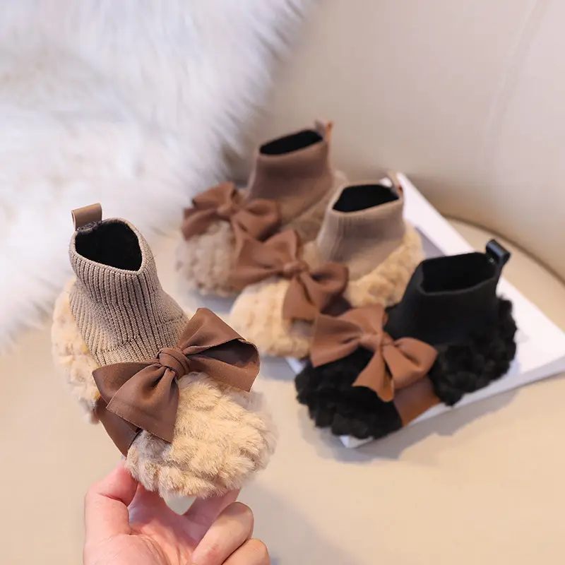 Tatlı moda bebek kız ayakkabı kış sıcak kürk çocuk Flats çocuk loafer'lar pamuk yumuşak rahat Toddlers ayakkabı