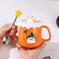 Nouveau Mug en Porcelaine Écologique Tête de Citrouille d'Halloween Mignonne avec Couvercle et Cuillère, Ensemble Cadeau 301-400ml, Motif Dessin Animé Elfe Démon, Vente Chaude 2025